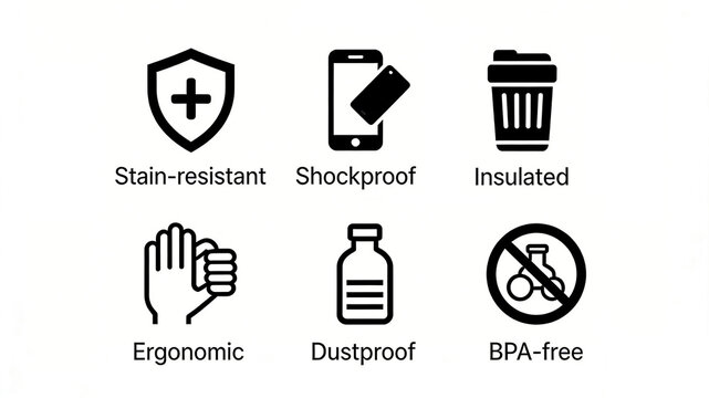 Anti fouling shield, mobile phone drop, and BPA free icon represent the safety features of daily necessities such as anti fouling, shock resistance, heat insulation, dust prevention, and ergonomic 