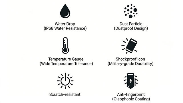 Water droplets, thermometers, and mobile phone drop icons, electronic devices with IP68 waterproof, dustproof, wide temperature tolerance, and military grade drop and scratch resistance.
