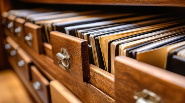 Close-up of a wooden filing cabinet filled with manila files