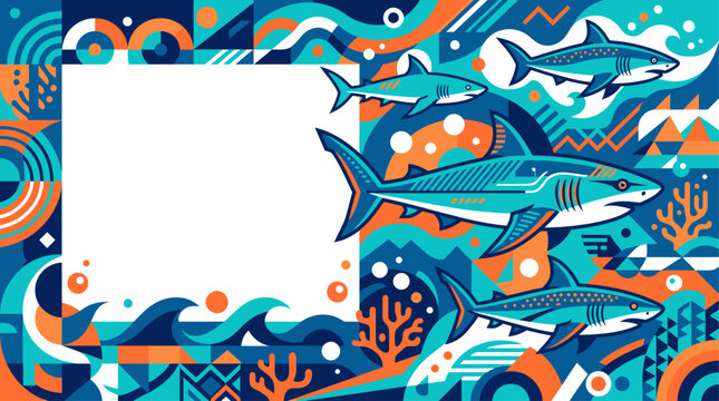 Vibrant geometric illustration of sharks swimming in a stylized underwater ocean scene with abstract marine elements and a blank frame.