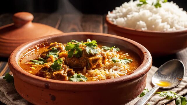 Steaming hot lamb or beef curry in a rustic terracotta bowl served with a side of white rice and garnished with fresh cilantro leaves on a dark wooden table with visible steam.