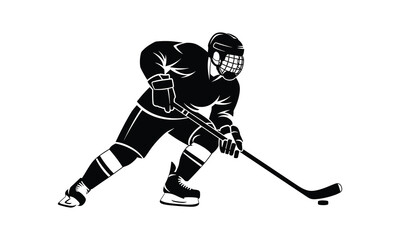 Fototapeta premium Hockey silhouette, hockey vector, ice hockey illustration, hockey design pack, hockey player black shape, hockey stick and puck, skating athlete graphic, ice hockey icon, hockey goalie silhouette