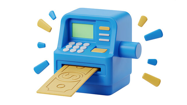 Vivid 3D illustration of an ATM machine dispensing a golden dollar bill, symbolizing modern finance, quick cash withdrawals, and banking technology