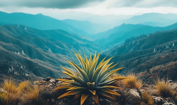 Dramatic landscape with a lone agave plant against the blue mountain silhouettes