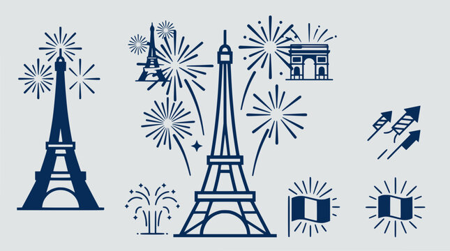 Parisian Celebration: Eiffel Tower, Arc de Triomphe, Fireworks, and French Flag Icons
