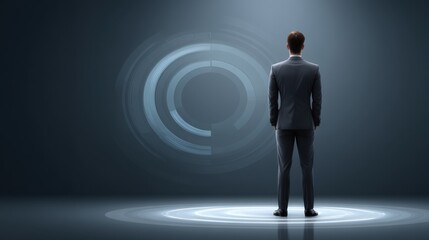 Fototapeta premium Businessman in Suit Standing Confidently in Front of Abstract Digital Interface with Futuristic Circular Elements in Dimly Lit Environment