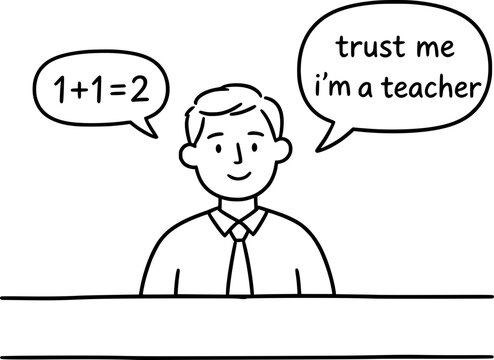 Cute doodle male teacher character peeking over border holding sign, funny line art school teacher illustration
