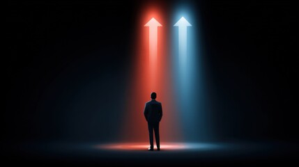 Fototapeta premium Surreal Concept of Decision-Making with Colorful Arrows Representing Choices in a Dark Environment for Business and Personal Growth Themes
