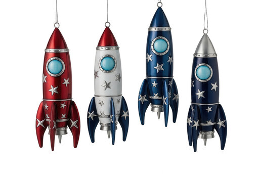 Four stylized rockets in vibrant colors with flames at launch pads