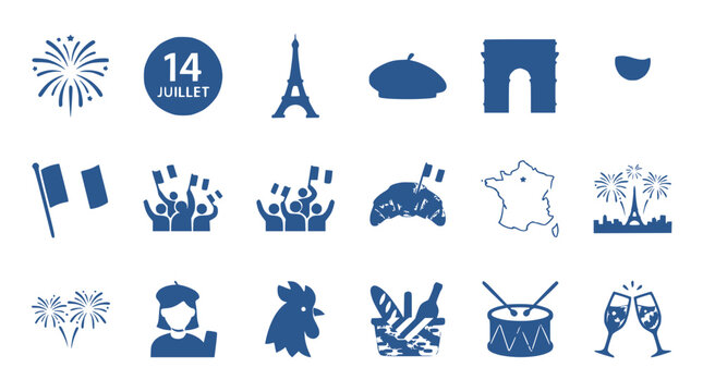 Bastille Day France Icons Set: Eiffel Tower, Flag, Fireworks, Croissant, Rooster