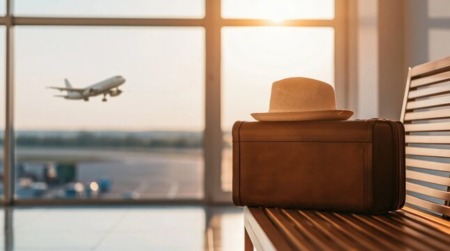 Travel suitcase and hat in airport terminal watching airplane flight at sunset