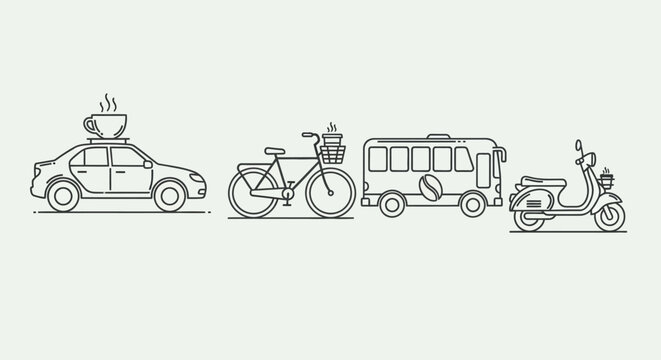Transportation icons car bicycle bus and scooter with coffee cup