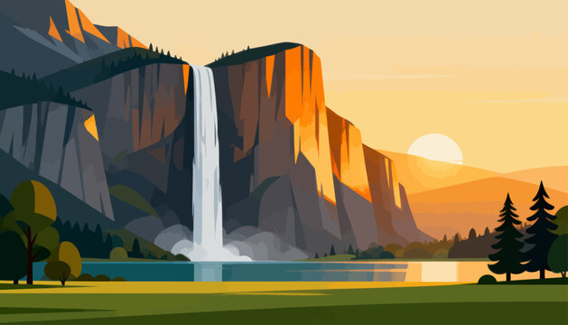 Golden sunset bathes cliffs and waterfall. Water cascades down steep rock faces into serene pool below. Silent trees frame foreground against vast, tranquil landscape
