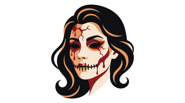 Terrifying Halloween zombie woman with bloody face and wavy dark hair horror concept for scary movies or spooky festivals Vector Illustration