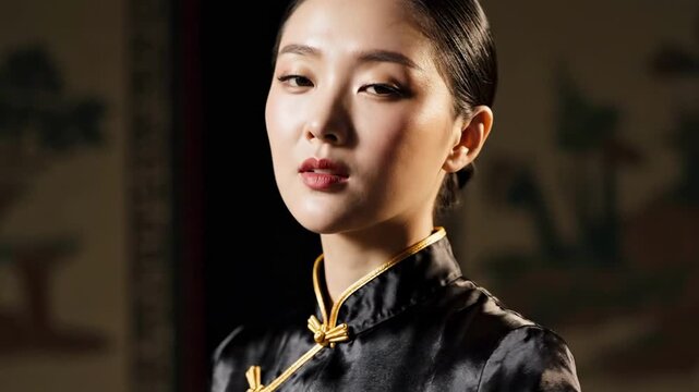 Woman in black chinese traditional dress with gold trim, closed eyes and serene expression, close cinematic portrait, glossy silk qipao texture, moody heritage interior lighting, graceful poise