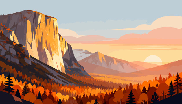 Golden hills rise against soft sunset skies. Trees glow amber, deep orange, and crimson. Mountains stand tall, bathed in warm, quiet light. Valley stretches wide, filled with autumn's rich hues