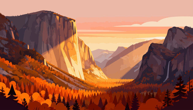 Sunlight bathes mountains in warm, golden hues. Valley floor glows with autumnal trees, tall and dense. Rugged cliffs rise steeply on either side, carved by time. Soft sky blends peach, orange