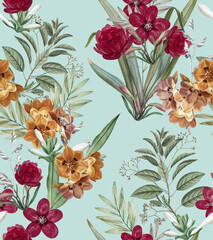 Seamless botanical pattern with burgundy flowers on mint green background