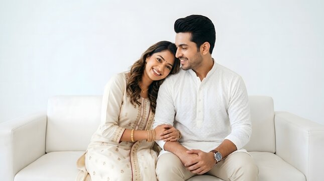Smiling Indian Couple Sitting On White Sofa