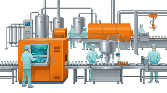 Pharmaceutical production line with workers in protective suits operating automated machinery