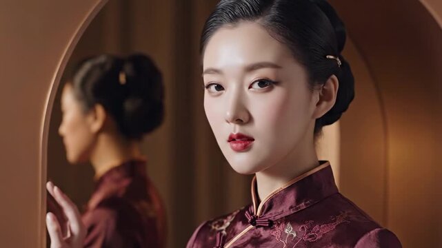 Woman in burgundy chinese traditional dress, mirror room portrait with elegant reflected profile, embroidered qipao texture, poised gaze, warm cinematic dressing interior, refined fashion mood