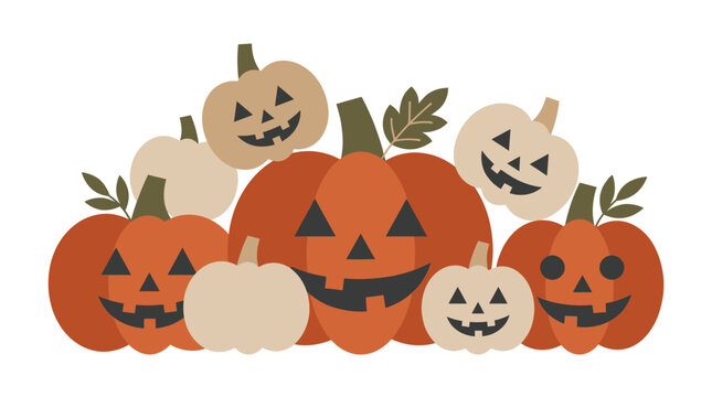 Halloween pumpkin patch with various carved faces for autumn seasonal decoration and celebration Vector Illustration