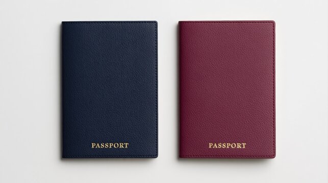 Passport and travel document with blank blue and maroon identity covers on white