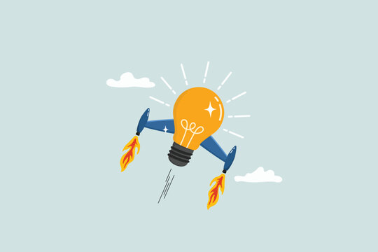 Boost creative idea, imagination, innovation or technology to help success, invent new solution to win business competition concept, bright lightbulb idea with rocket booster flying fast into the sky.