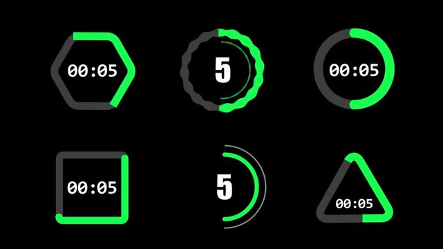 Futuristic Geometric Countdown Timer Elements on Pure Black Background. Multi-Shape Digital Ten Second Clock Pack Including Hexagon, Triangle, Square, and Circle Rings. Modern Sci-Fi UI Infographic