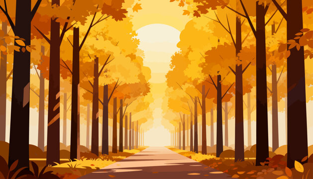 Golden trees line a winding path. Sunlight bathes the scene in warm, serene hues. Leaves shimmer as if caught in gentle breeze. Tranquil atmosphere invites calm reflection. Ideal for nature, travel