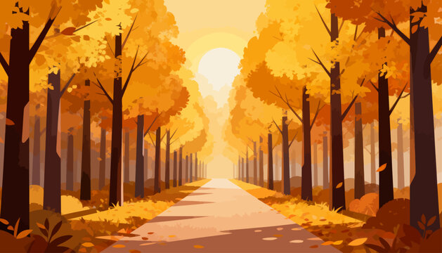 Golden trees line a quiet path, bathed in warm autumn light. Fallen leaves drift gently on the air, whispering change. Sunlight filters through branches, casting soft, golden hues