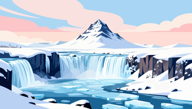 Snow-capped mountain looms above icy waterfall. Blue waters crash over frozen cliffs, sending mist into air. Pink sky blends with soft clouds above serene landscape. Ice floes drift in calm river