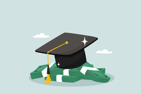 Education costs, student loans or tuition as academic expenses, scholarships or learning opportunities to develop, banknotes with graduation caps as educational expenses.