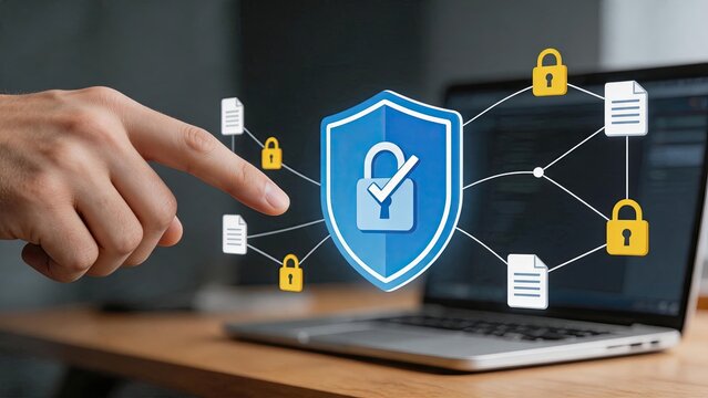 Cyber security data protection concept with digital shield and padlock icons, network safety firewall system, information privacy encryption technology, secure file storage cloud