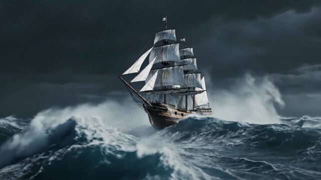 Three-masted tall ship with white sails navigating through massive ocean waves during a severe storm with lightning strikes across a dark, dramatic sky on the open sea.