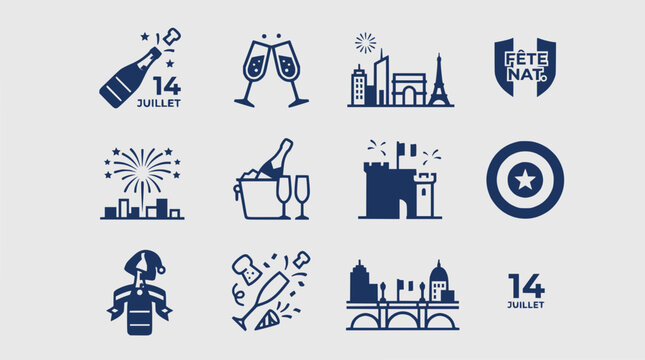 Bastille Day Celebration Icons: France National Day, Fireworks, Champagne, Paris Landmarks