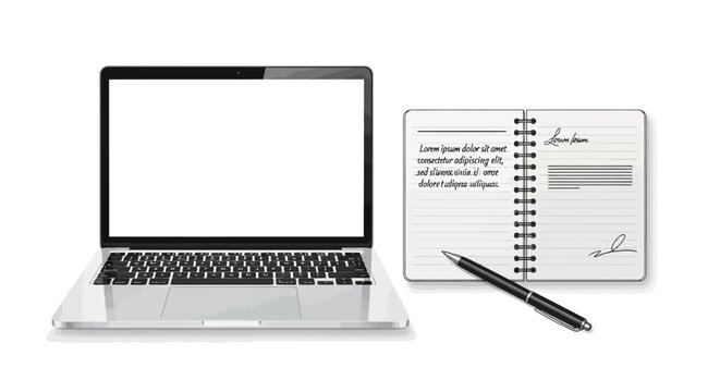 Laptop computer with blank screen and notebook on white background