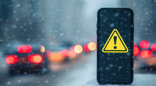 Smartphone showing a winter weather warning alert for driving safety in the snow
