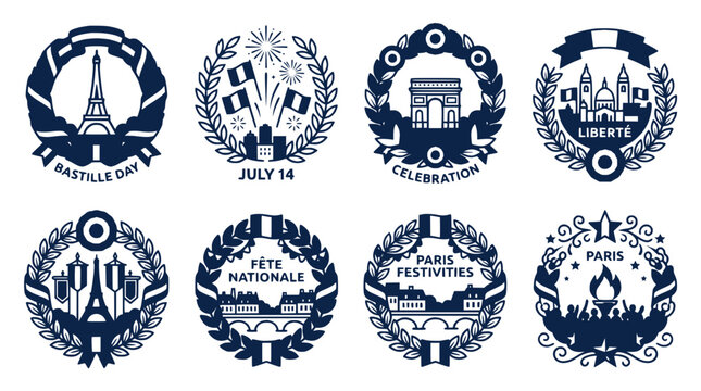France National Day Celebration Icons: Bastille Day, Eiffel Tower, Arc de Triomphe