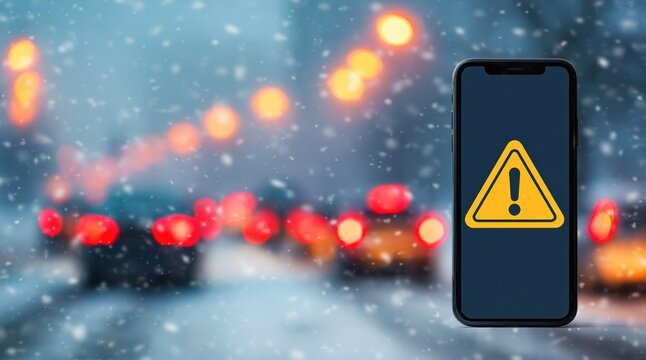 Smartphone screen showing a hazard alert during a winter snow storm traffic commute
