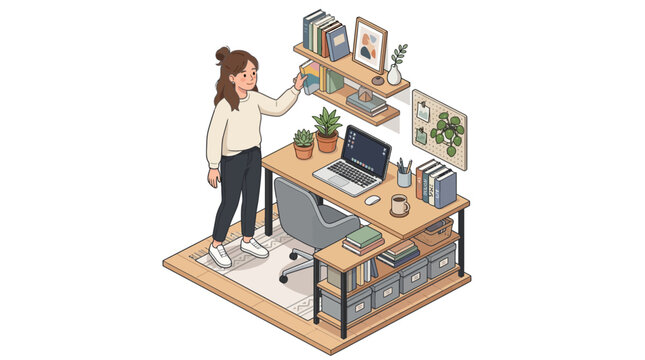 A woman cleans a cluttered office desk with computer and books
