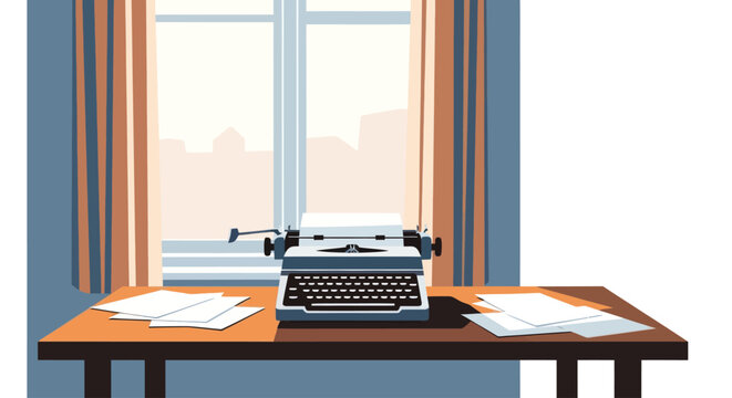 Vintage typewriter on desk by window with city view