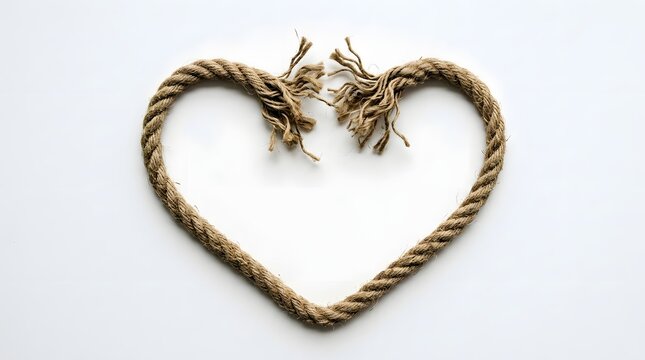 Broken rope shaped into heart on white background symbolizing heartbreak emotional pain separation lost love and relationship crisis concept