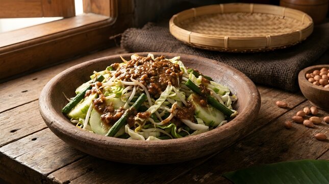 Traditional Karedok Raw Vegetable Salad with Peanut Sauce in Rustic Wooden Bowl by Window, Indonesian Cuisine, Close-Up View in Natural Light
