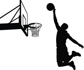Basketball player dunking ball in hoop silhouette for sports competition game action. © Iconic lab 