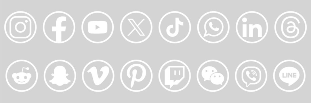 Social media white line icons set inside circles for digital marketing and web communication design