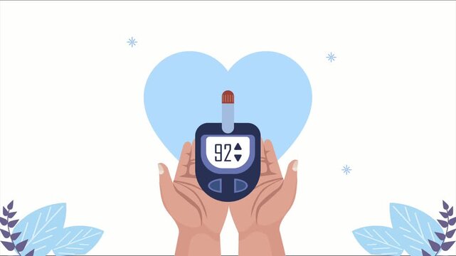 World diabetes day animation with hands holding glucometer and heart, perfect for healthcare and medical awareness campaigns.
