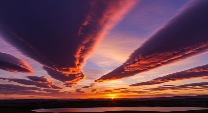Dramatic Sunset with Vibrant Lenticular Clouds over a Peaceful Lake Landscape