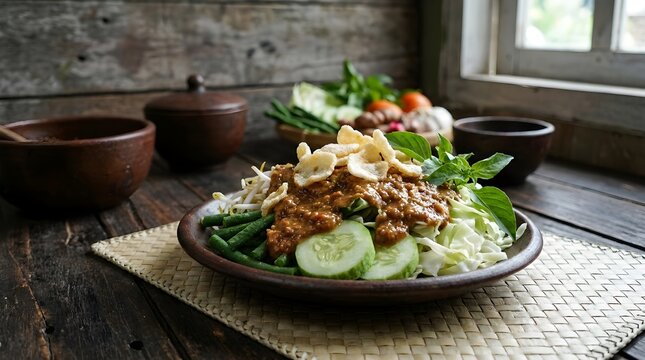 Serving Kerak Telor Betawi Spicy Omelette with Glutinous Rice and Fresh Vegetables on Rustic Table in Natural Light