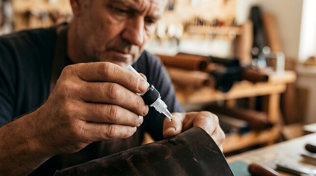 Craftsman Applying Glue to Leather in Workshop Close-Up, Handmade Craftsmanship, Indoor Environment, Focused View